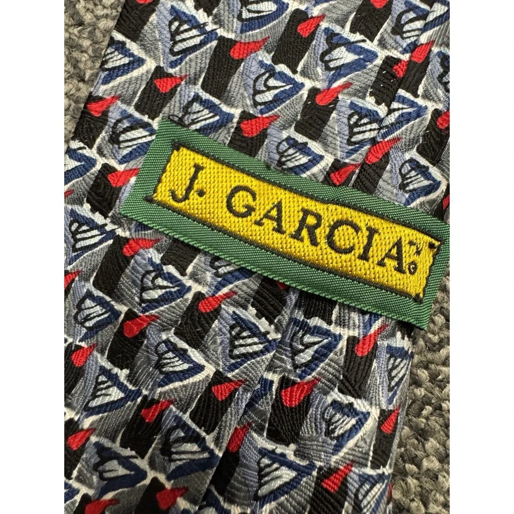 J. Garcia Silk Necktie Gray Red Blue Abstract Geometric Art Designer Tie